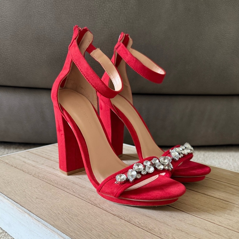 Elegant Red Suede Heels with Crystal / Diamond / Gem Embellishments